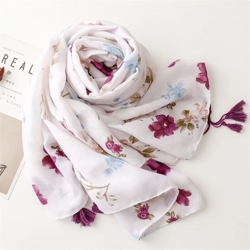 Purple Floral Scarf - Manufacturer - New Summer Elegant Cotton Tassels Women Muslim Hijabs