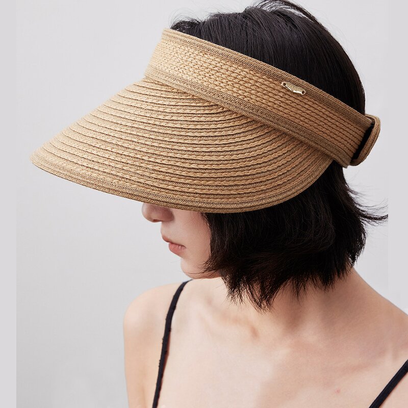 Straw Sun Visor Cap - Manufacturer - Women's Two Tone Stripe Fine Braid Anti-UV Ponytail