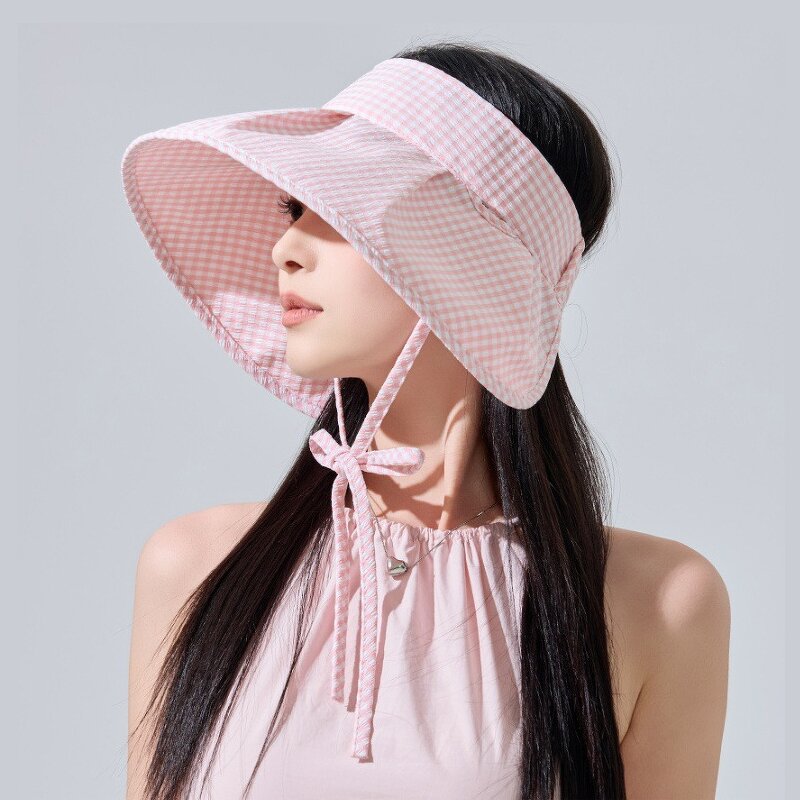 Cotton Plaid Visor - Manufacturer - Wholesale Summer UV Protection Large Brim Foldable Ponytail
