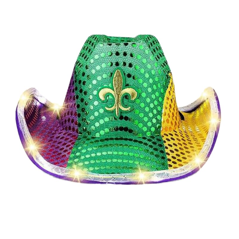 LED Neon Cowgirl Hat - Manufacturer - Outdoor Beach Halloween Mardi Gras Sequin Light-Up