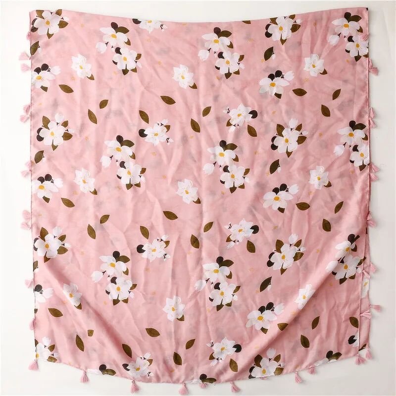Pink Flower Scarf - Manufacturer - Women's Elegant Spring Summer Floral Hijab Fringe Shawls