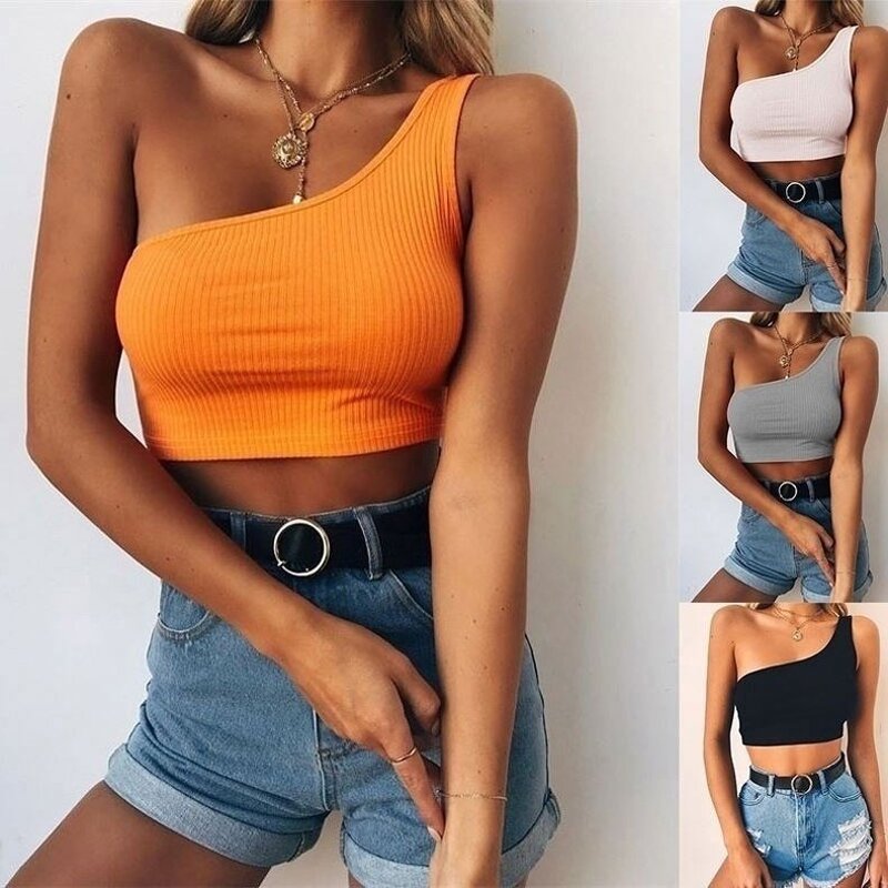Crop Top Manufacturer - Low-cut Neck Solid Color Printing Single Shoulder
