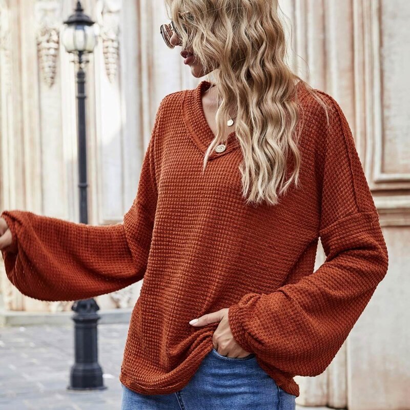 Knit Top Manufacturer - Loose V-neck Long Puff Sleeve Blouse
