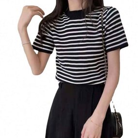 Sweater Manufacturer - Striped Short Sleeve Thin Knit Round Collar