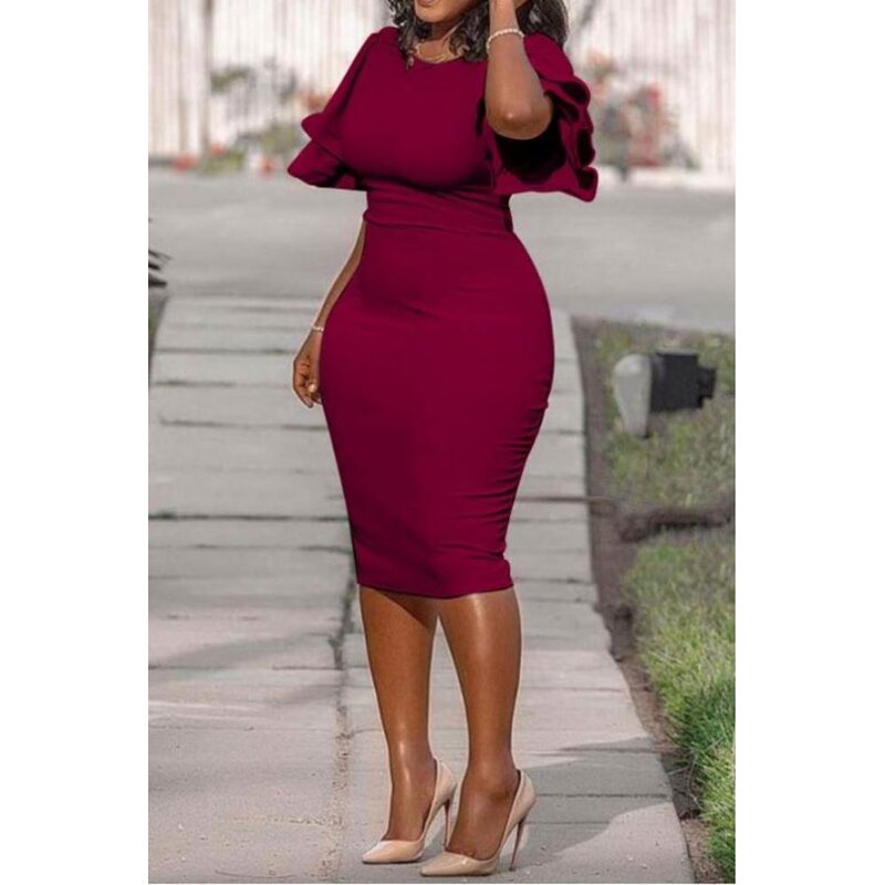 Dress Manufacturer - Short Ruffle Sleeve Solid Bodycon Plus Size