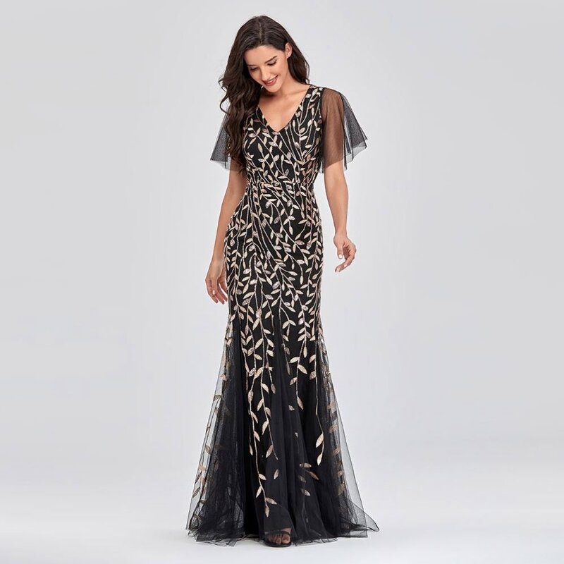 Evening Dress Manufacturer - V-neck Ruffle Golden Leaf Mesh Mermaid