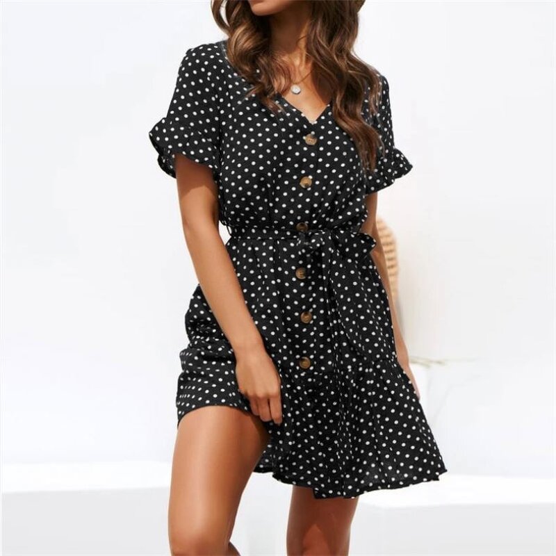 Dress Manufacturer - Chiffon Short Sleeve Polka Dot Boho Mini