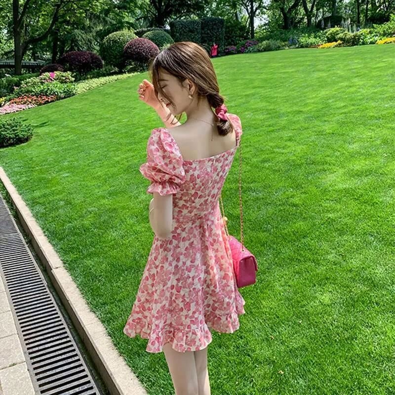 Dress Manufacturer - Floral Square Collar Bubble Sleeve Sweet