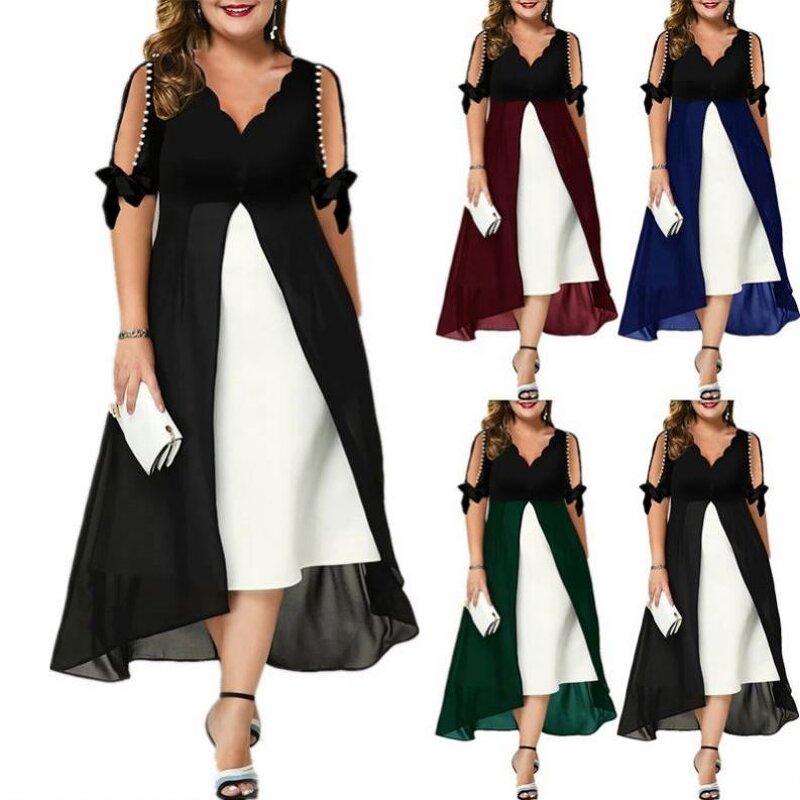 Dress Manufacturer - Plus Size V Neck Patchwork Office Formal
