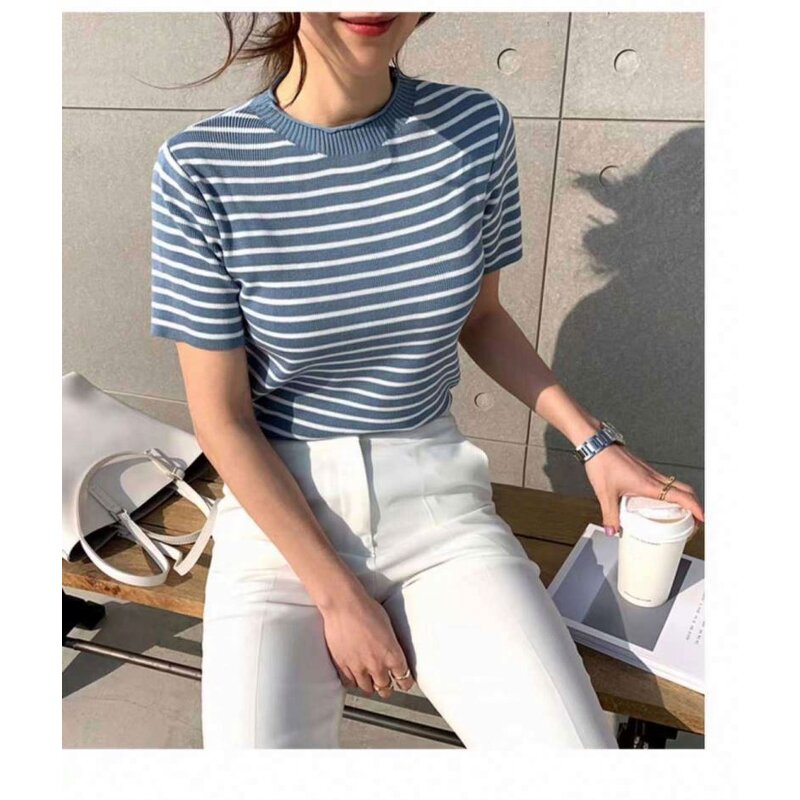 Sweater Manufacturer - Striped Short Sleeve Thin Knit Round Collar