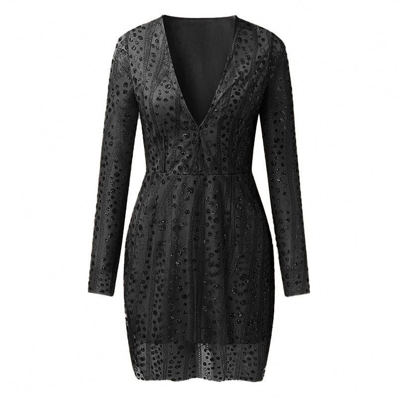 Mini Dress Manufacturer - Sequin Long Sleeves Deep V Neckline