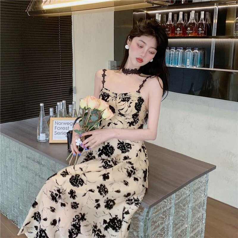 Dress Manufacturer - Sexy Slip Black Flower Retro Backless Midi