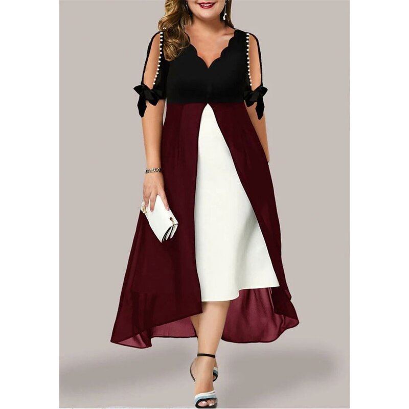 Dress Manufacturer - Plus Size V Neck Patchwork Office Formal