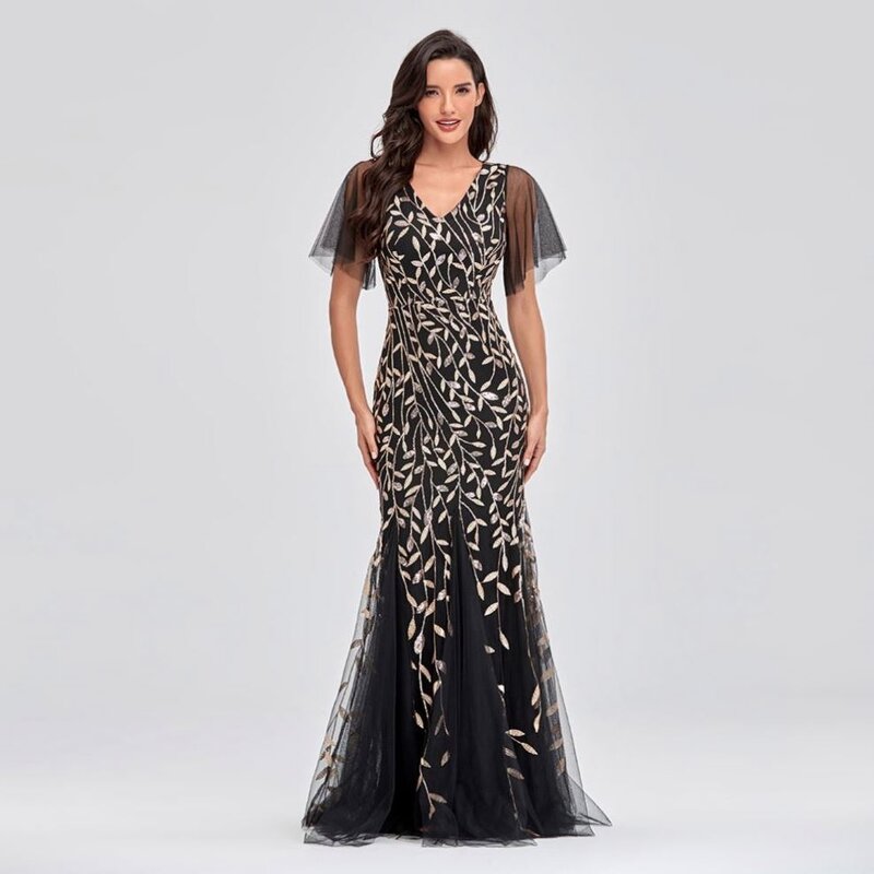 Evening Dress Manufacturer - V-neck Ruffle Golden Leaf Mesh Mermaid