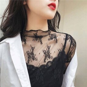 Blouse Manufacturer - Lace Transparent Mesh Stand Collar Slim T-shirt