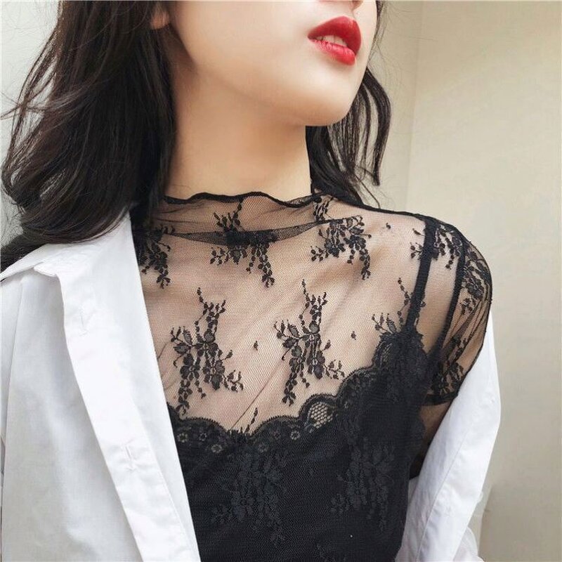 Blouse Manufacturer - Lace Transparent Mesh Stand Collar Slim T-shirt