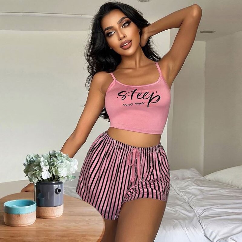 Pajama Set Manufacturer - 2 Piece Letters Print Vest Striped Shorts
