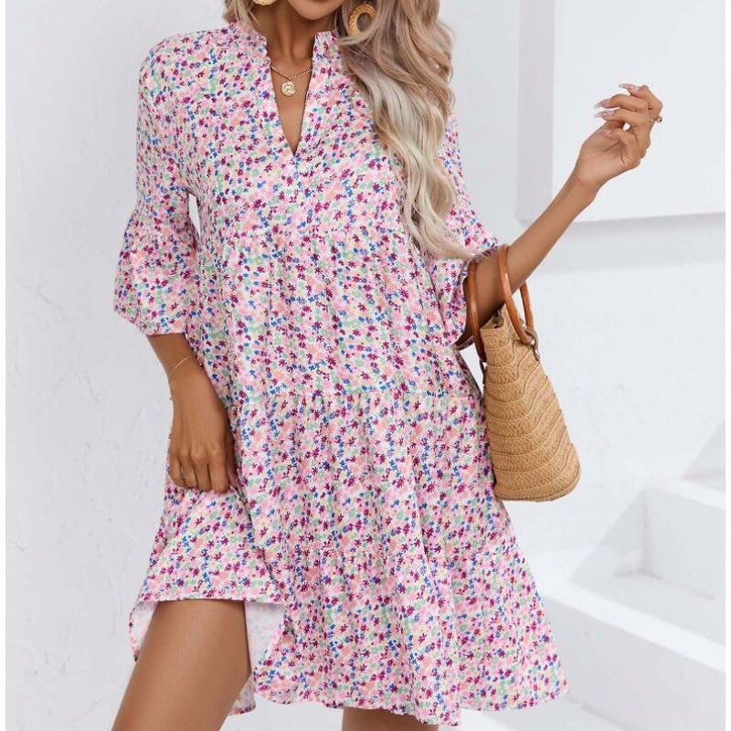 Dress Manufacturer - V-neck Puff Sleeve Floral Chiffon Bodycon