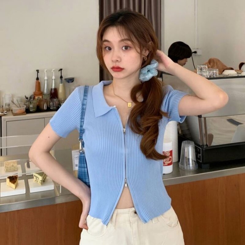 Knit Top Manufacturer - Short Sleeve Double Zipper Lapel Cardigan