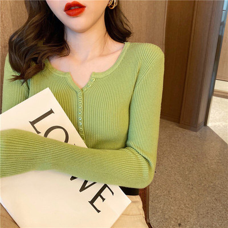 Knit Top Manufacturer - Solid Color Button V-neck Long Sleeve