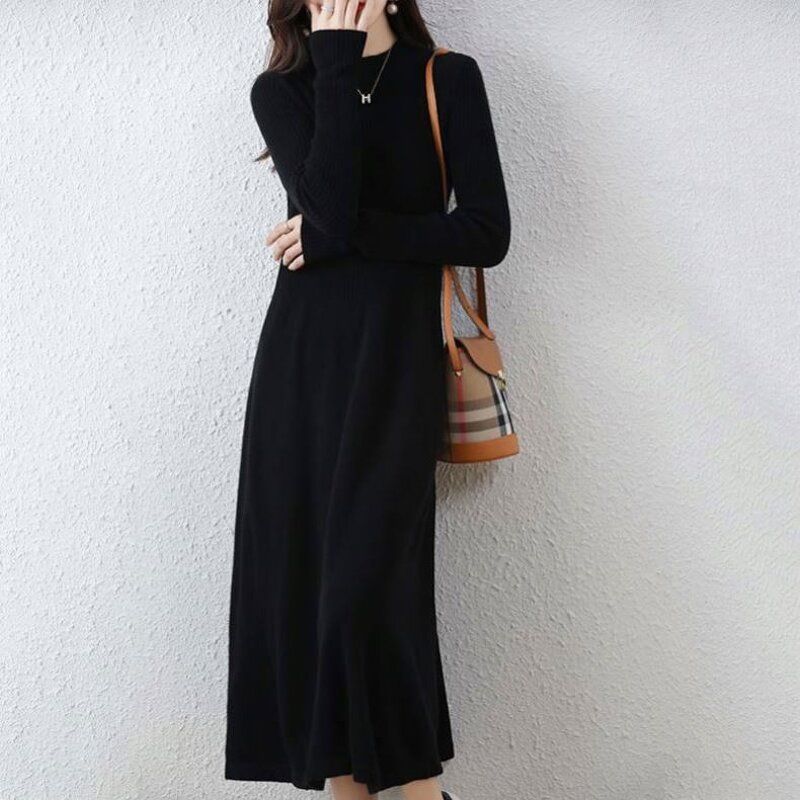 Dress Manufacturer - Long Sweater Knit O-neck A-line Midi