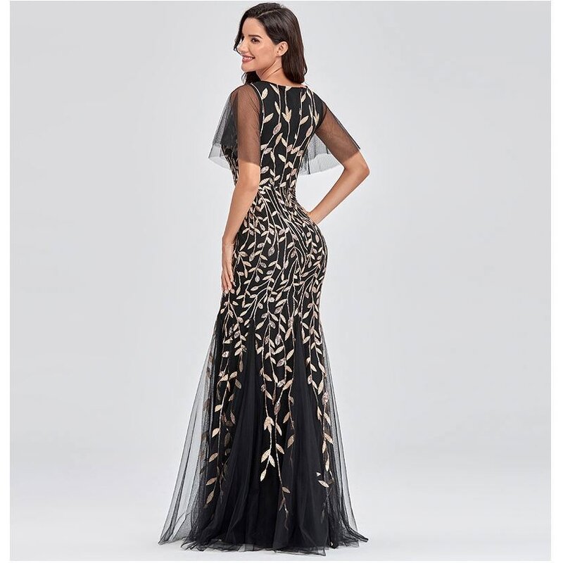 Evening Dress Manufacturer - V-neck Ruffle Golden Leaf Mesh Mermaid