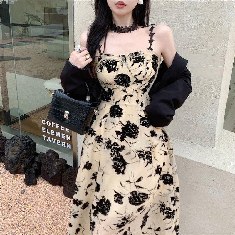 Dress Manufacturer - Sexy Slip Black Flower Retro Backless Midi
