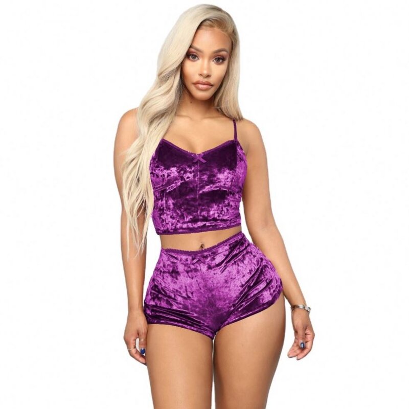 Two Piece Set Manufacturer - Velvet Spaghetti Strap Tops & Shorts