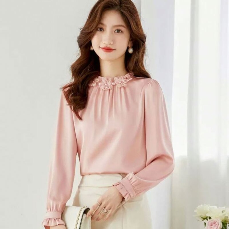Blouse Manufacturer - Stand Collar Petal Satin Pleated Lace Pullover