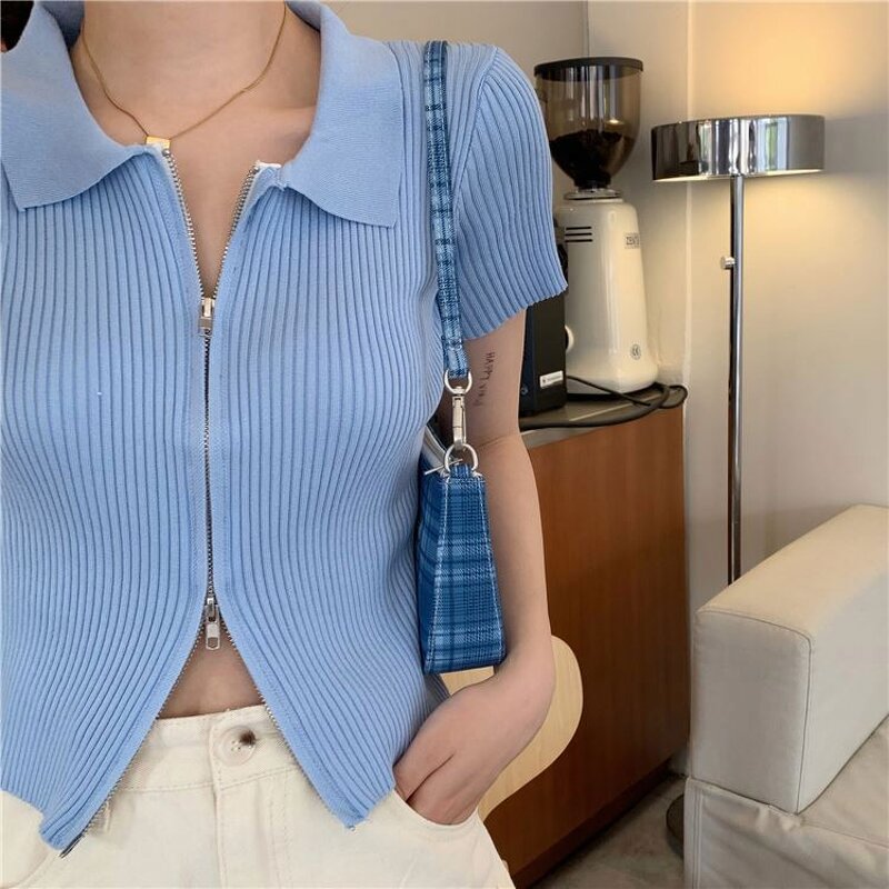 Knit Top Manufacturer - Short Sleeve Double Zipper Lapel Cardigan