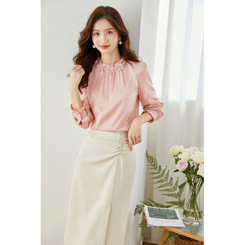 Blouse Manufacturer - Stand Collar Petal Satin Pleated Lace Pullover