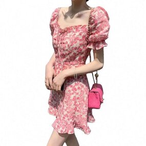 Dress Manufacturer - Floral Square Collar Bubble Sleeve Sweet