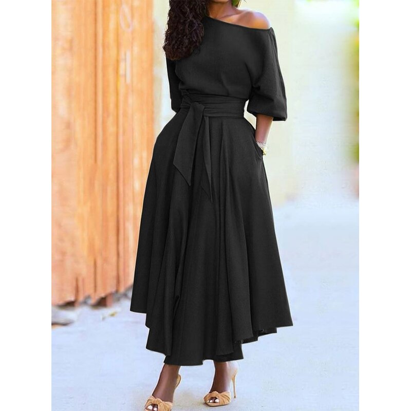 Dress Manufacturer - Off-Shoulder Strap Waist Elegant Solid Color