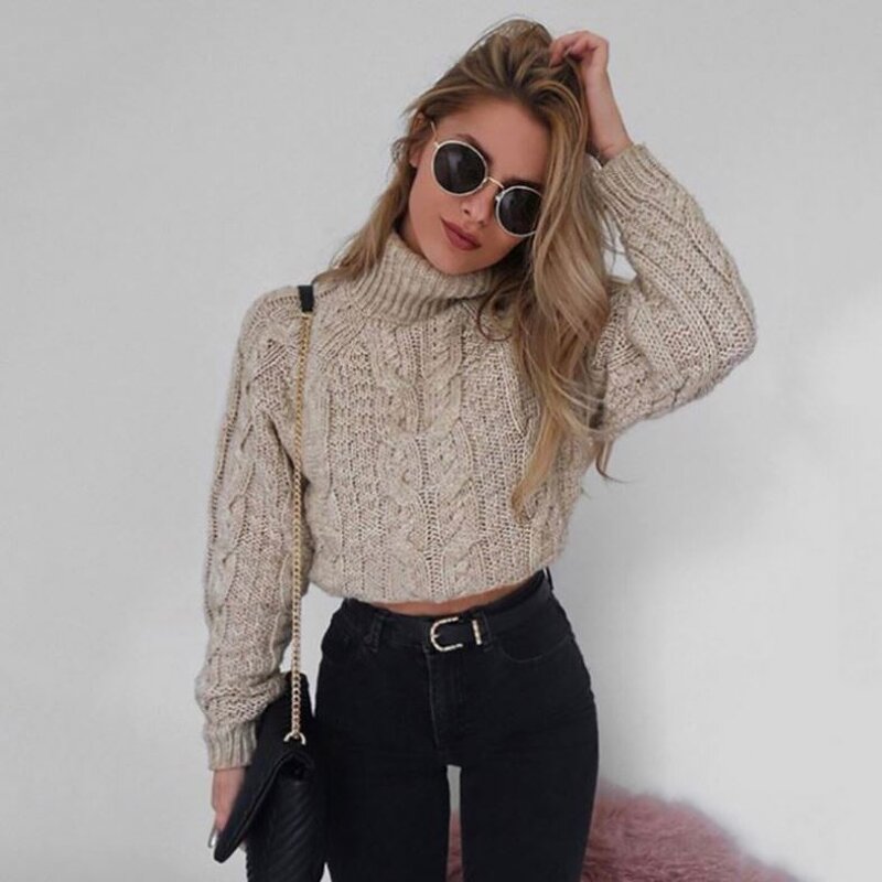 Crop Top Manufacturer - High Collar Slim Long Sleeve Thick Knitwear