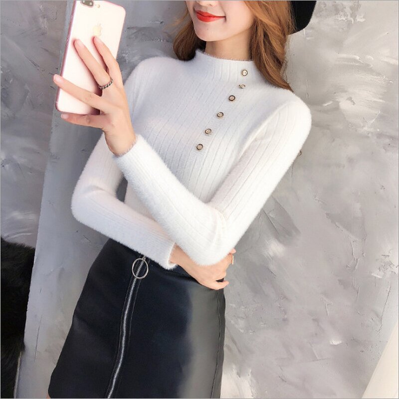Sweater Manufacturer - Faux Mink Velvet Button Bottom Slim High Collar