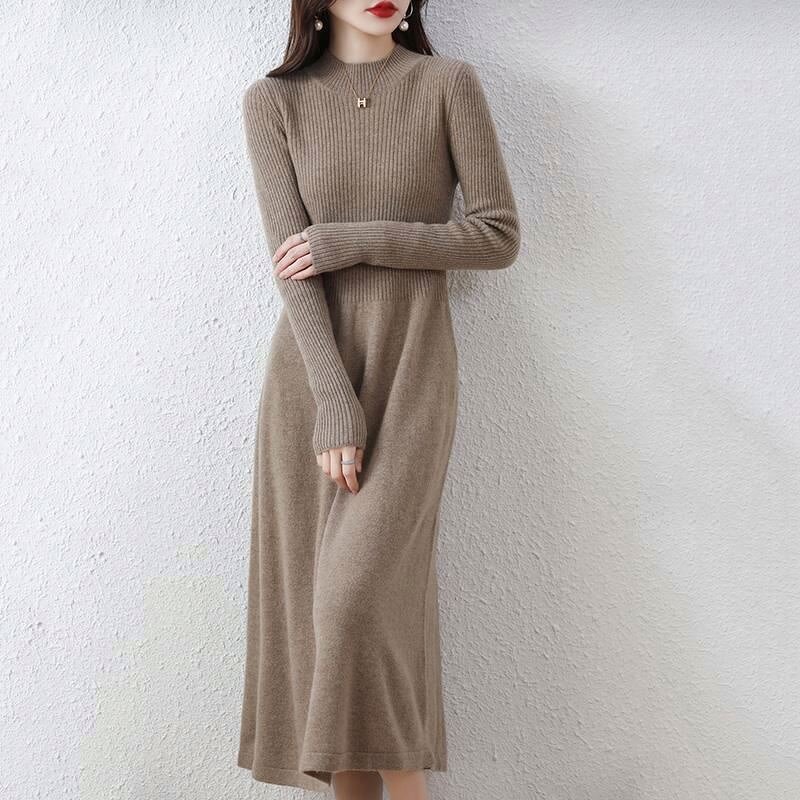 Dress Manufacturer - Long Sweater Knit O-neck A-line Midi