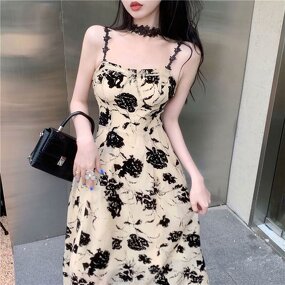 Dress Manufacturer - Sexy Slip Black Flower Retro Backless Midi