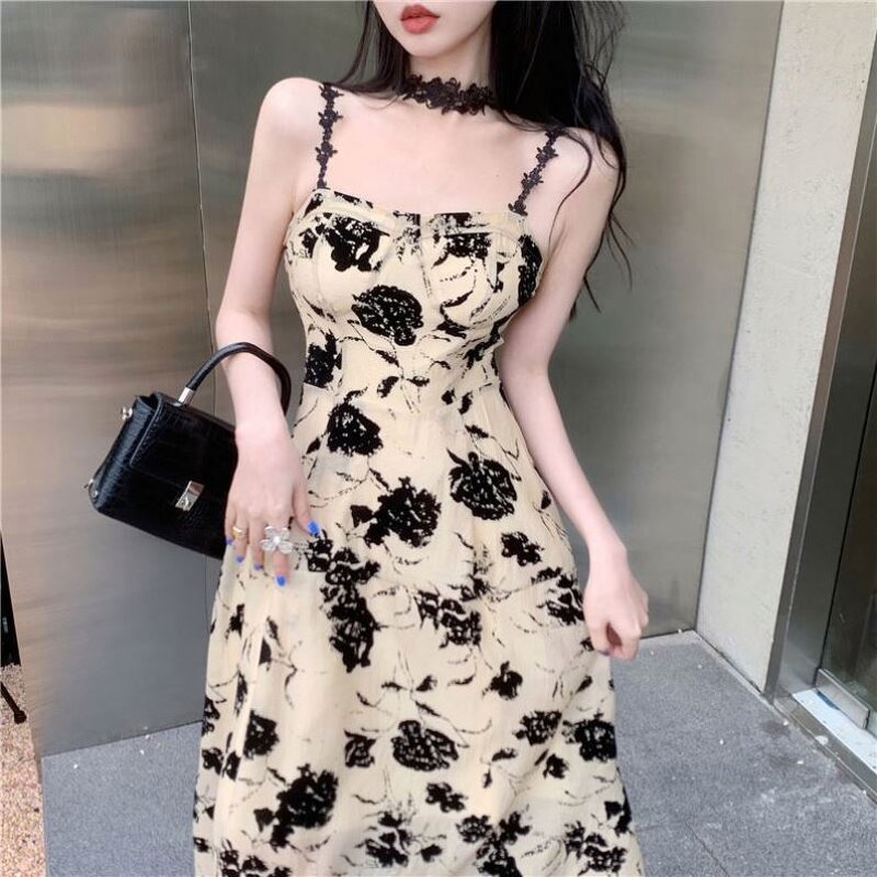 Dress Manufacturer - Sexy Slip Black Flower Retro Backless Midi