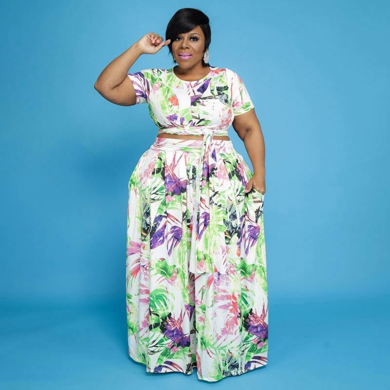 Two Piece Set Manufacturer - Plus Size Printed Crop Top & Skirt