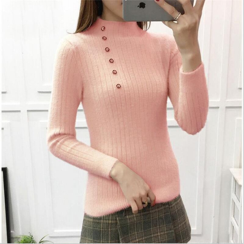 Sweater Manufacturer - Faux Mink Velvet Button Bottom Slim High Collar