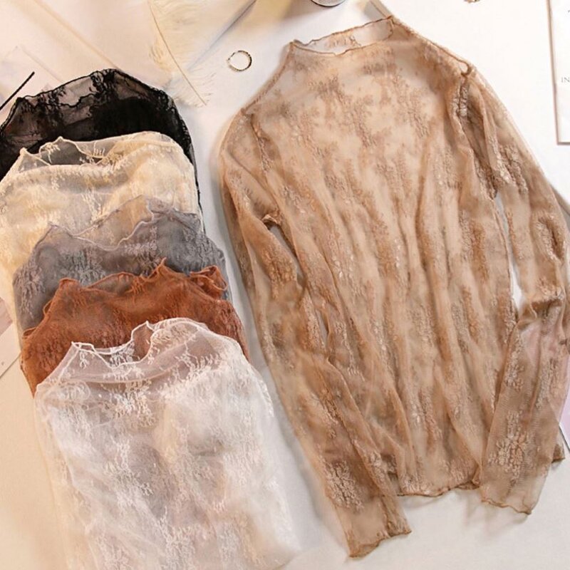 Blouse Manufacturer - Lace Transparent Mesh Stand Collar Slim T-shirt