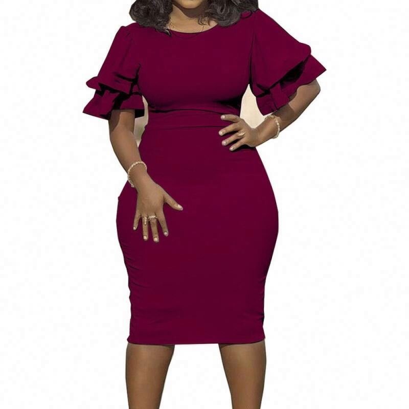 Dress Manufacturer - Short Ruffle Sleeve Solid Bodycon Plus Size