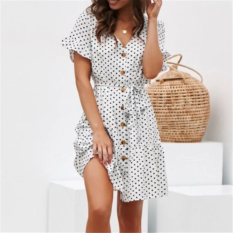 Dress Manufacturer - Chiffon Short Sleeve Polka Dot Boho Mini