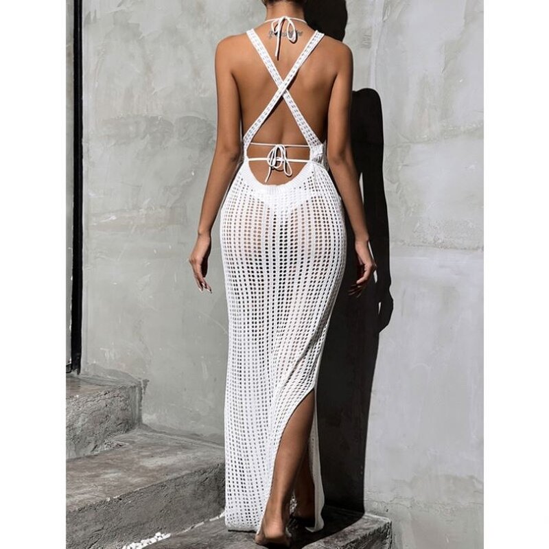 Dress Manufacturer - Halter Ladies Split Knitted Hollow Out Mesh