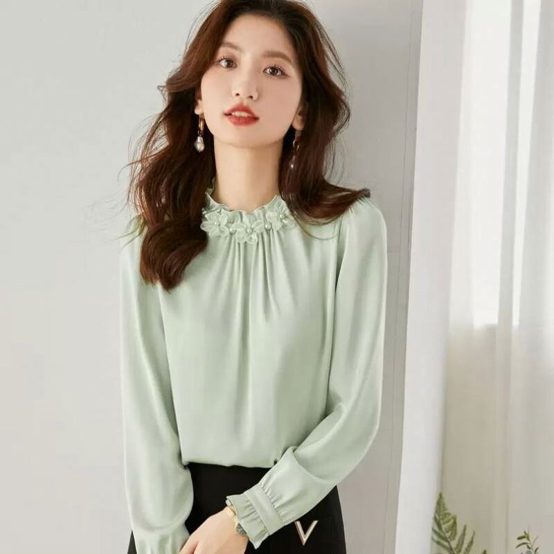 Blouse Manufacturer - Stand Collar Petal Satin Pleated Lace Pullover