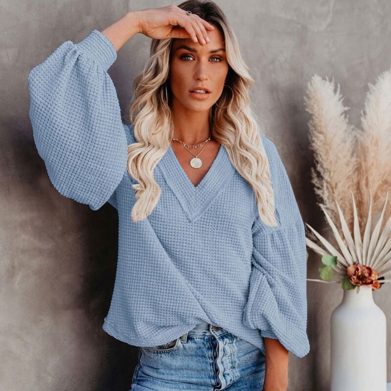 Knit Top Manufacturer - Loose V-neck Long Puff Sleeve Blouse