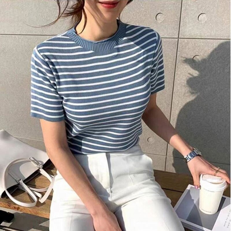 T-shirt Manufacturer - Short Sleeve Striped Knit Round Neck