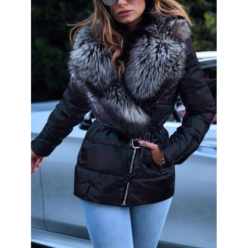Padded Coat Manufacturer - Big Fur Collar Zipper Belt Plus Size