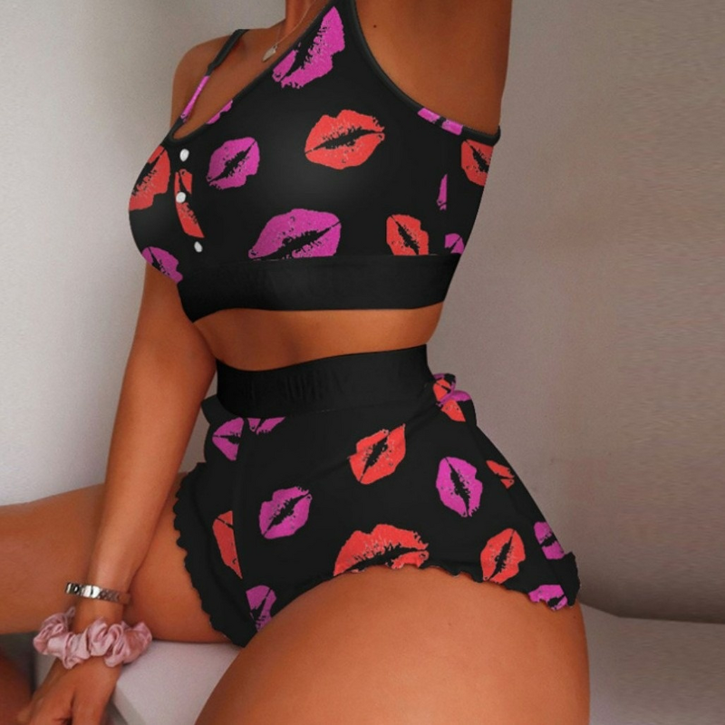 Pajamas Manufacturer - Plus Size Printing Suspender V-Neck Thin