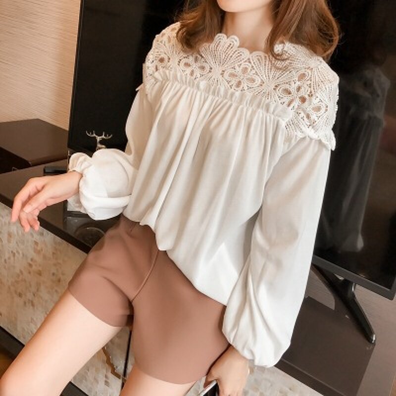 Blouse Manufacturer - Floral Lace Solid Color O-neck Long Sleeve